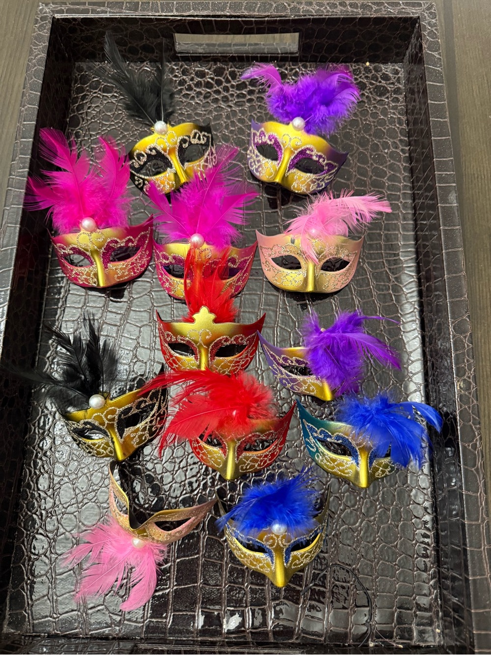 Mini Feathered Mardi Gras Masks - Assorted Pink, Purple, Red, Blue, Black